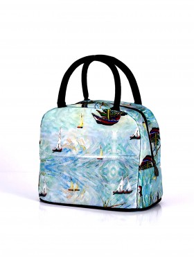 Boats at St. Marie's Oil Painting Insulated Lunch Bag with Zip Closure and Outside Pocket